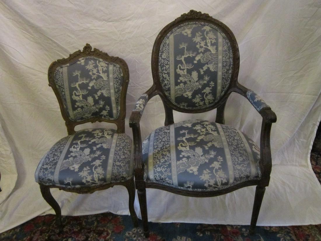 2 French Style Chairs: 2 French Style Chairs, mahogany blue Oriental scene brocade upholstery, scroll carved crests, including; Louis XVI style armchair, 41 1/2" h..and Louis XV style side chair, 36". Condition; very good