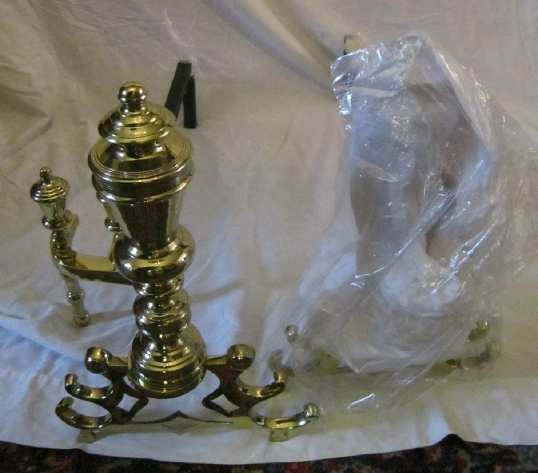 Pair of Brass Queen Anne Style Andirons: Pair of Brass Queen Anne Style Andirons, urn turned columns on scrolled legs, 19" h. Condition; recently restored and re polished