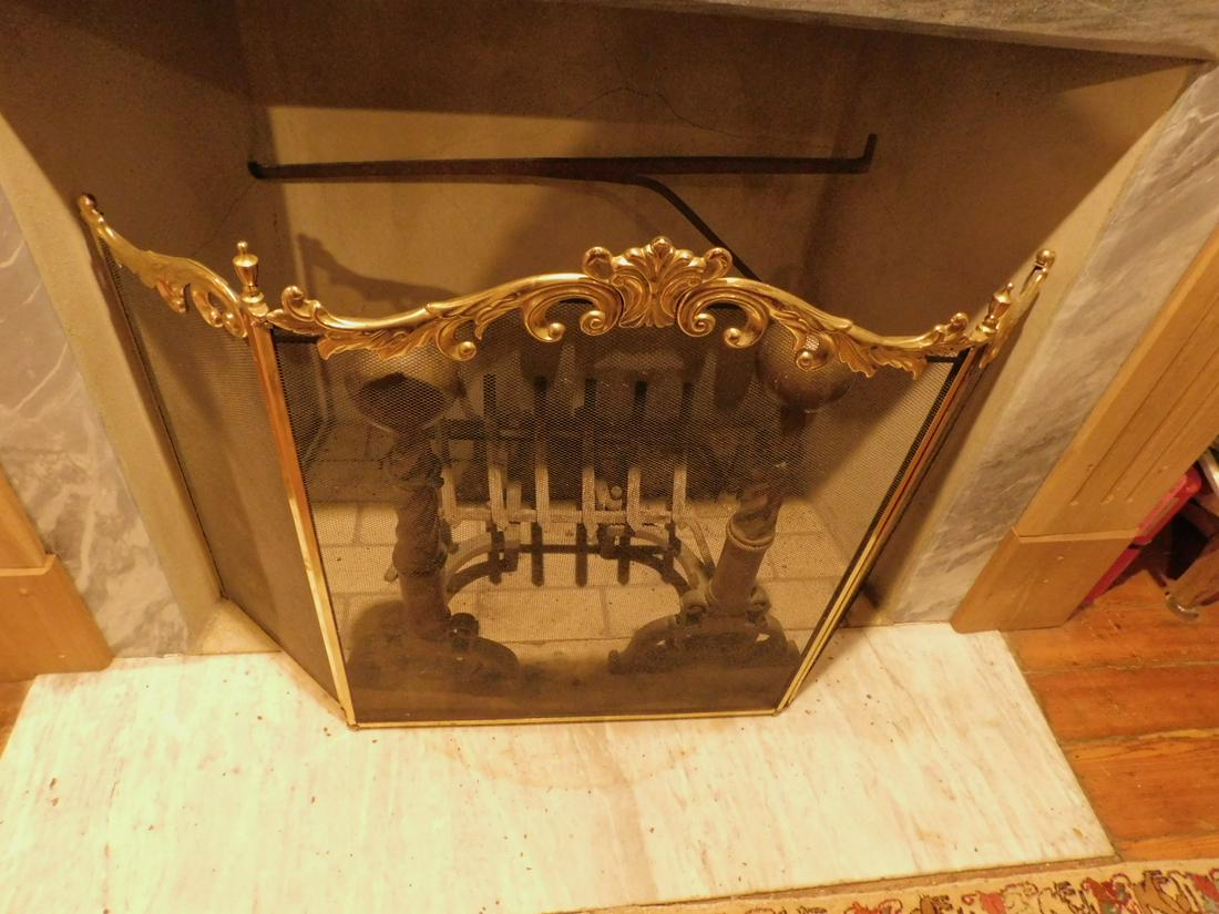 French Style Fire Screen: French Style Fire Screen, brass, scroll work, 3 part folding screen, 32 1/2" h. Condition; very good