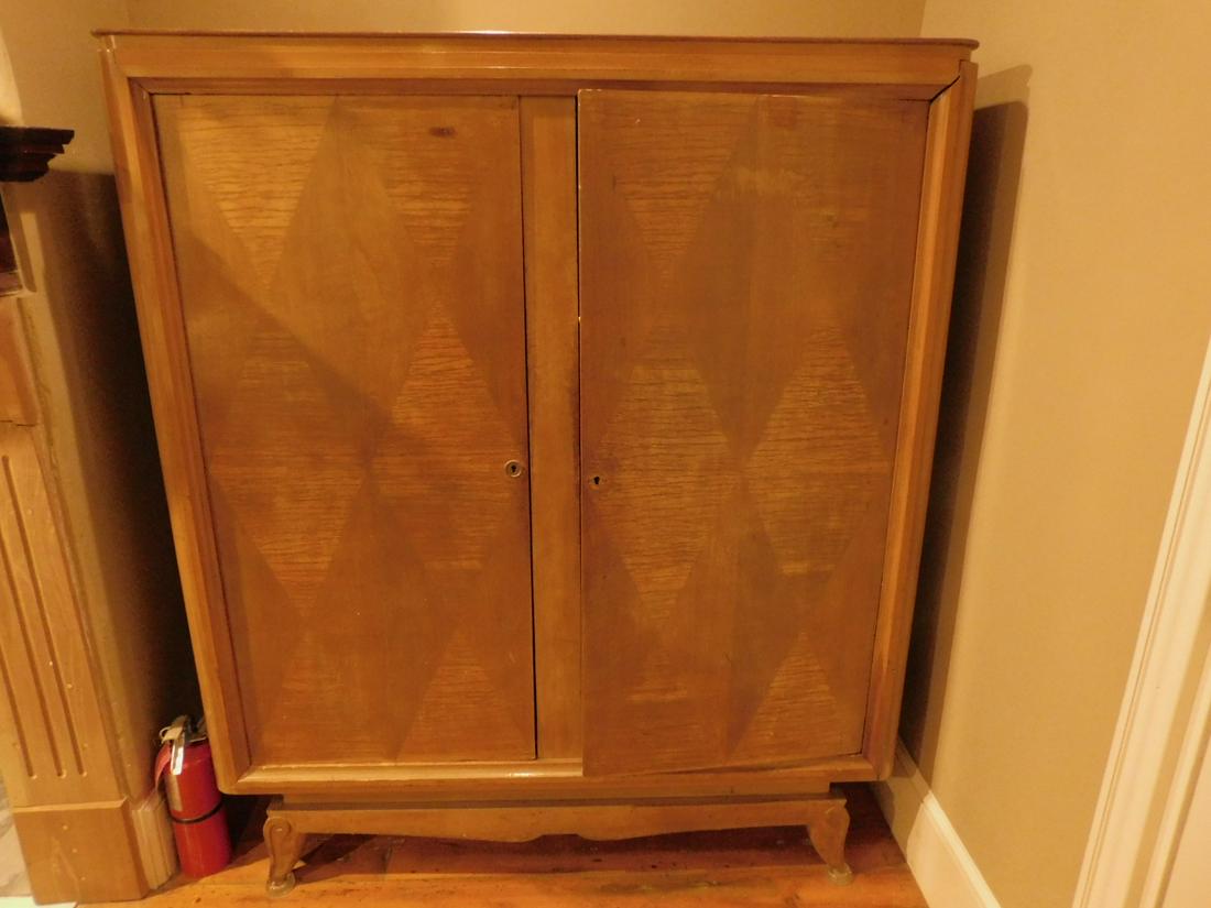 French Mid Century Modern Chiffarobe: French Mid Century Modern Chifferobe, by Mard, light mahogany with diamond striped wood inlays, 2 blind doors. 68 3/4" x 58" x 19" Condition; very good, replaced inside hanger pole, no shelves