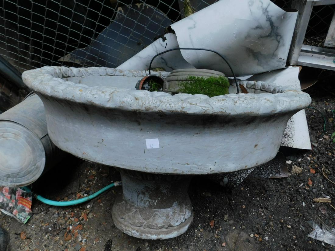 Large Cement Fountain: Large Cement Fountain with fruit and flower boarders, 22" h x 39" diam. Condition; very good, weathered