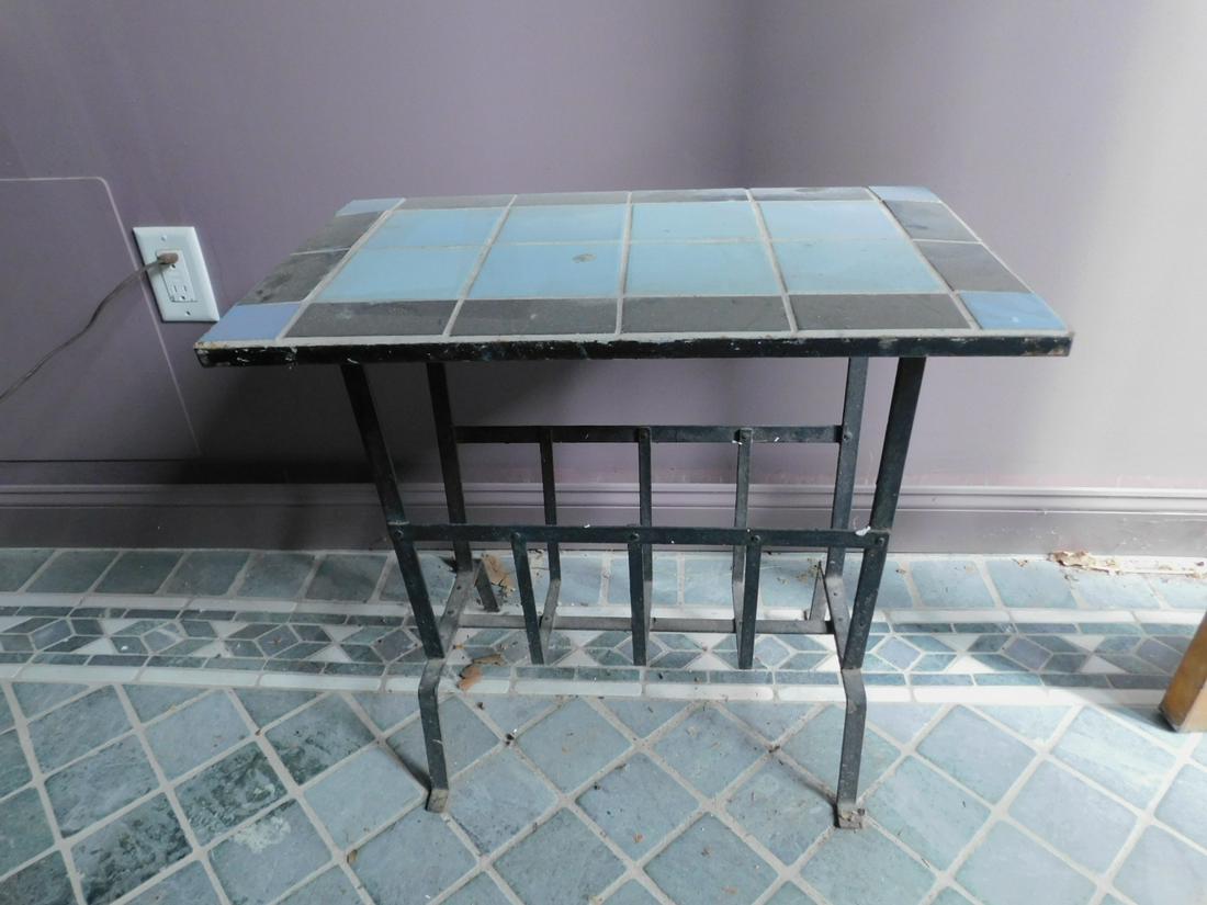 3 Tile and Iron Ocassional Tables: 3 Tile and Iron Ocassional Tables, 2 tone tile block tops, wrought iron bases, largest is 21" x 13 1/2" x 22 1/2". Condition; some missing a little grout