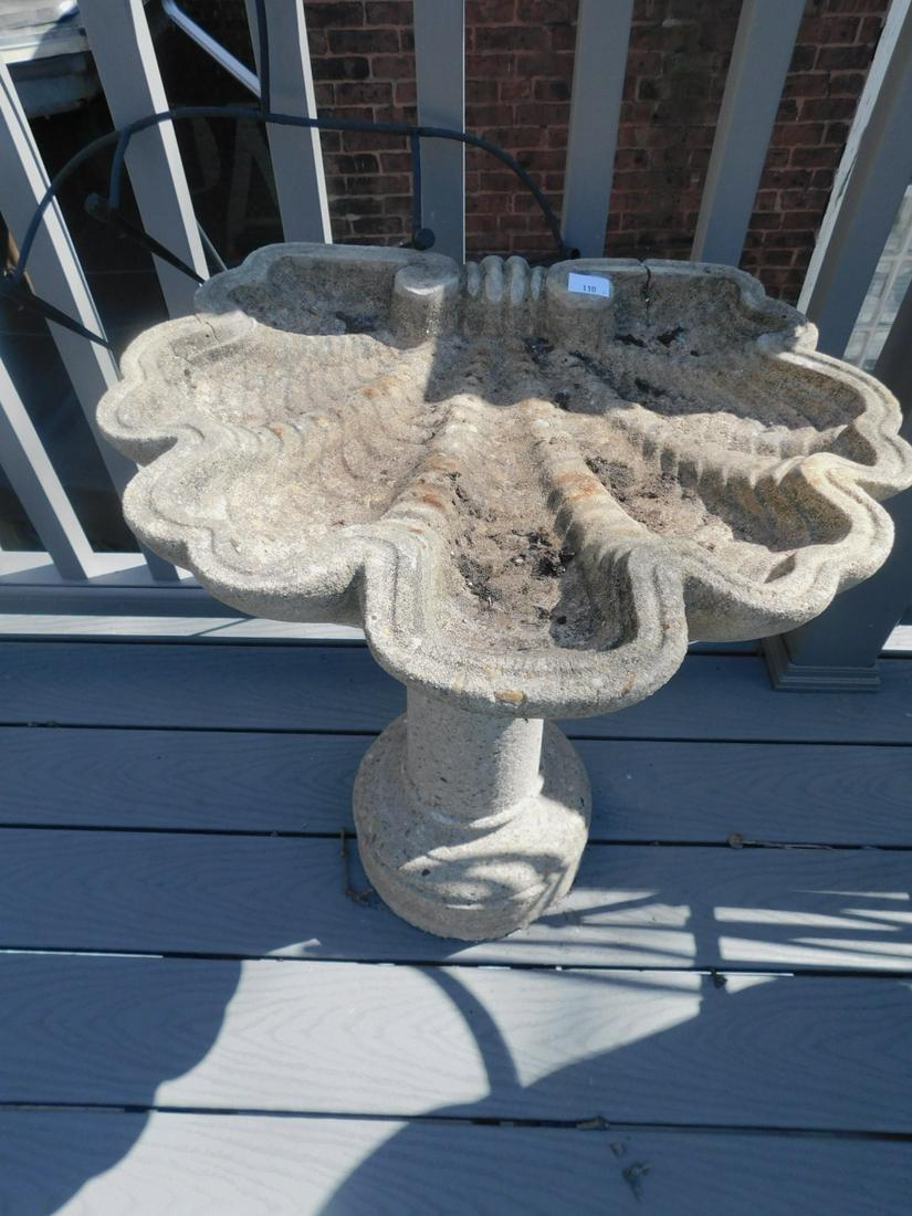 Concrete Bird Bath: Concrete Bird Bath, shell form top, on cylindrical base, 24" h. Condition; very good, weathered