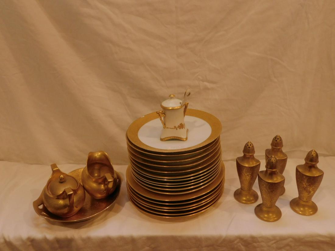 Gold Decorated Porcelain Grouping: Gold Decorated Porcelain Grouping including; (6) Rosenthal 81/2" all gold plates, (6) Rosenthal 7 3/4" gold boarder plates, (5) Bavarian 7 1/2" gold boarder plates, R S Germany Creamer, Sugar and bowl