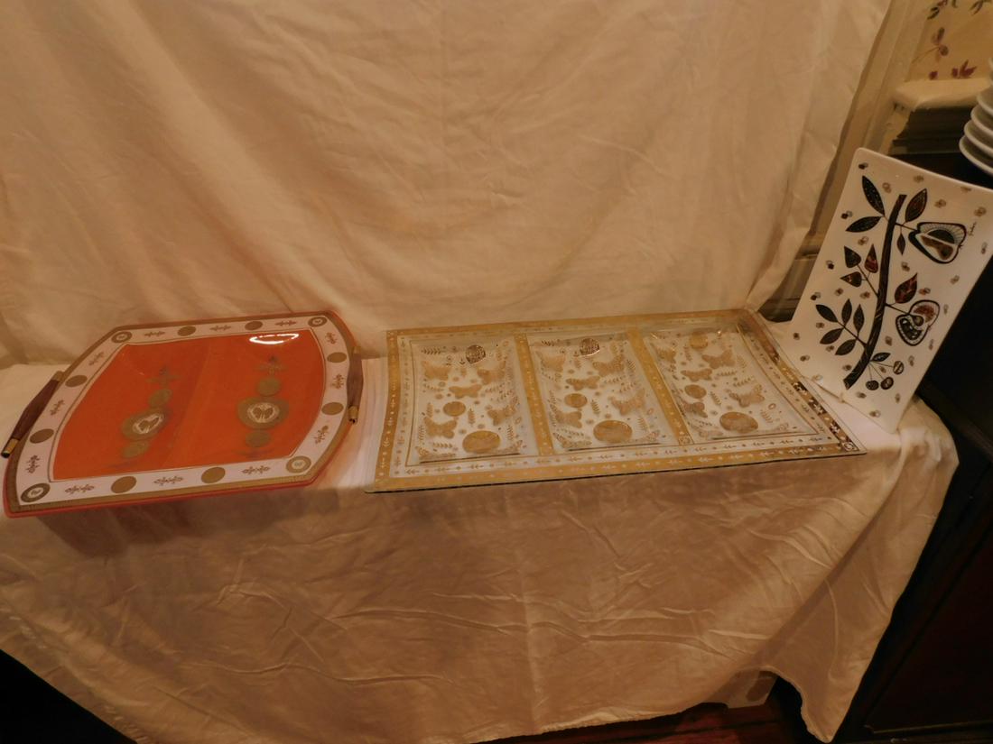 Mid Century Modern Serving Pieces: Mid Century Modern serving pieces including; George Briard wood handled 15 1/4" l. divided dish, Gabor milk glass fruit pattern 10 7/8" l. dish, unmarked triple divided 20" l. dish with butterflies, N