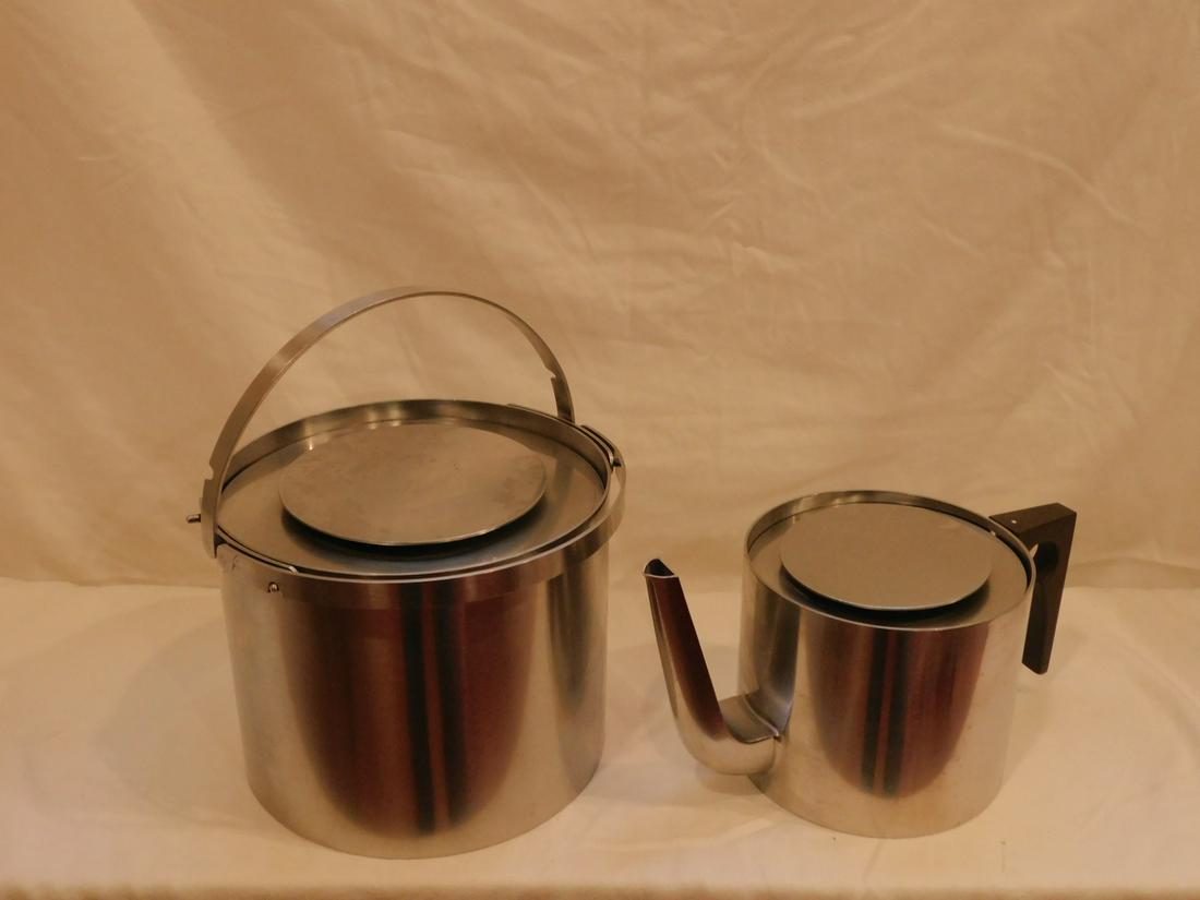 Arne Jacobson Denmark Ice Bucket & Tea Pot: Arne Jacobson Denmark Ice Bucket & Tea Pot, Lauffer stainless steel Stelton including ; 5 3/4" h. bucket with tongs, 5 3/4" h. tea pot . Condition; a few minor scratches