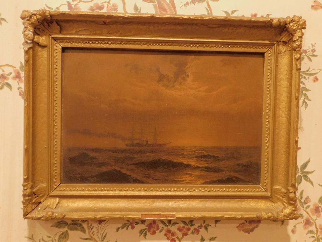 Chromolithograph after James Hamilton: Chromolithograph after James Hamilton by James F. Queen "Moonlight at Sea". 5 x 9" image; 7 x 11" framed. Condition; Gilt loss on frame, some cracks in gilt
