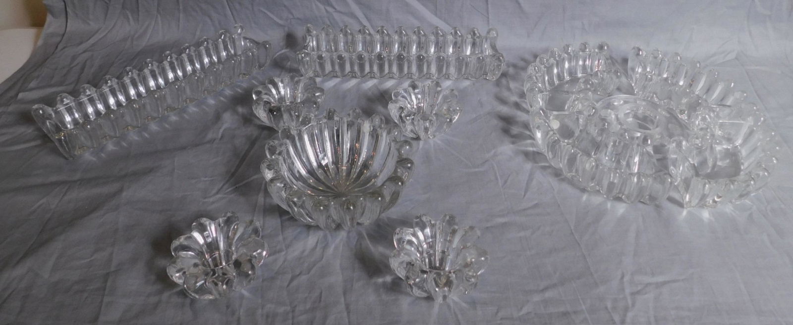 Val St Lambert Glass Pieces: Val St Lambert Glass Pieces, 5 piece flower holder set including; four 6" curved pieces and center frog. two 7" rectangular pieces and 5 1/2" master salt and four 3" salts. Val St. Lambert sticker on