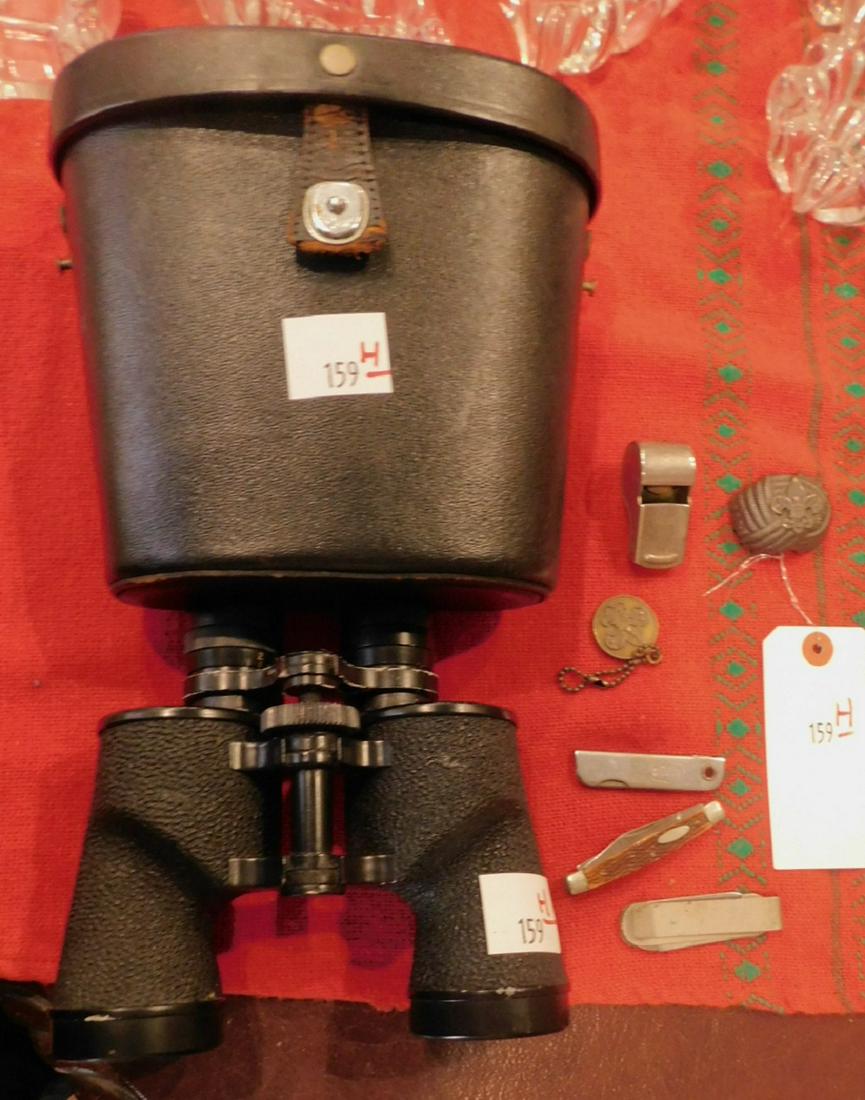 Binoculars, Scout & other collectibles: Binoculars, Scout & other collectibles including Bausch & Lamb 9 x 35 binoculars with case, stag handle pocket knife, scouting and other items. Condition; good, used
