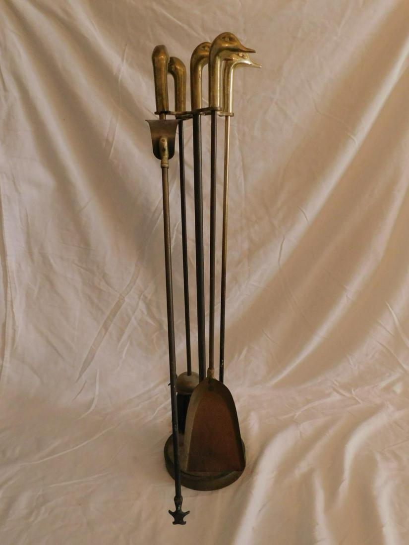 Fire Place Tools: Fire Place Tools, brass stand with four duck head handled fireplace tools. Condition; excellent