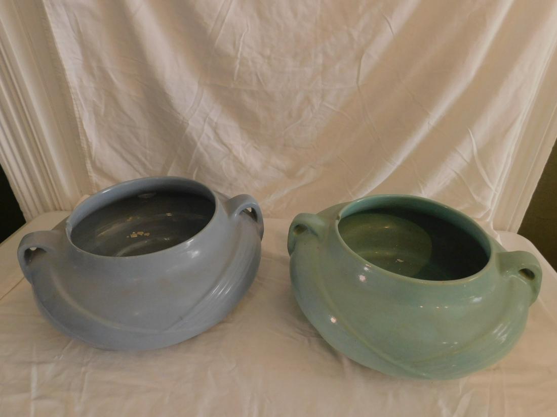 2 Walton Pottery Humidifier Bases: 2 Walton Pottery Humidifier Bases, in blue and green glazes, double handled, 16" diam. each. Condition; good