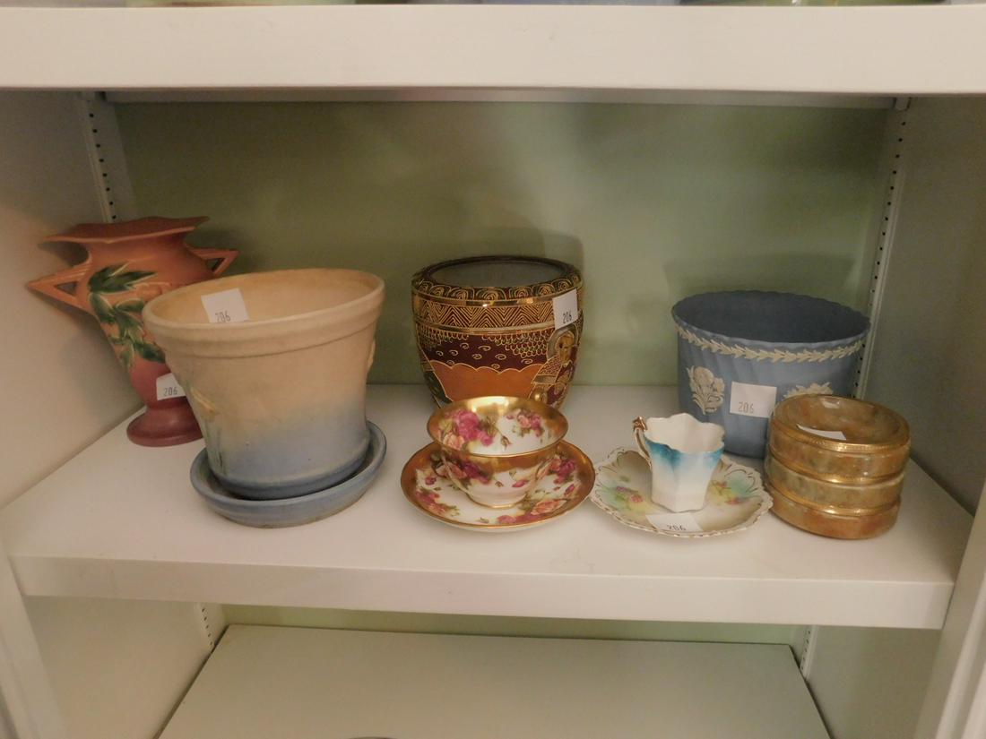 3 Assorted Vases: 3 Assorted Vases including; Wedgwood blue jasper, Roseville Bleeding Hart and Hull Tulip pot, Condition; Roseville has chip, otherwise normal wear
