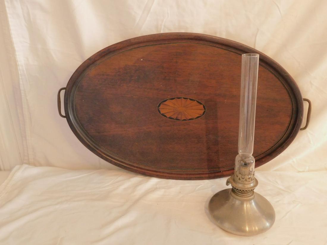 Mahogany Tray and Pewter Lamp: Mahogany Tray and Pewter Lamp including; oval inlaid mahogany double handled 24" tray and Danforth Pewter oil lamp. Condition; good