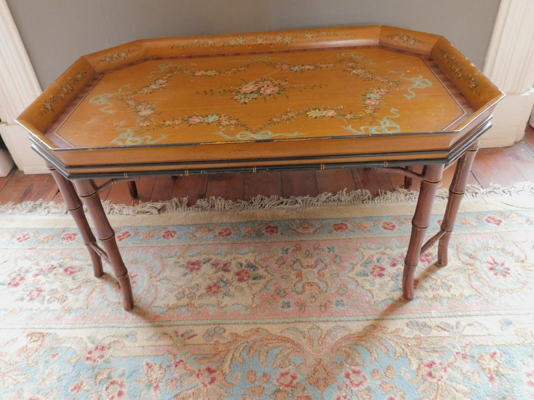 Decorated Coffee Table: Decorated Coffee Table, floral painted wood tray top over faux bamboo base, 28" x 22" x 20 1/4". Condition; areas of paint and finish wear, top with edge dents and chips