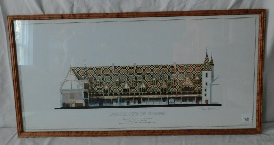 Hotel-Dieu De Beaune Print: Hel-Dieu De Beaune print, after the watercolor by Maurice Ouradou. 14 x29" sight; 15 1/4 30 1/4" framed. Condition; good