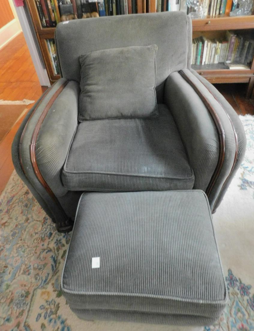 Deco style Arm Chair and Ottoman: Deco style Arm Chair and Ottoman, green corduroy upholstery with mahogany trim, 30 1/2" h. Condition; few scratches on wood