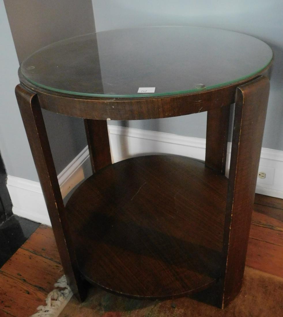 Art Deco End Table: Art Deco End Table, mahogany stained with protective glass top, 17 3/4" diam. x 28" h. Condition; few nicks and scratches on wood