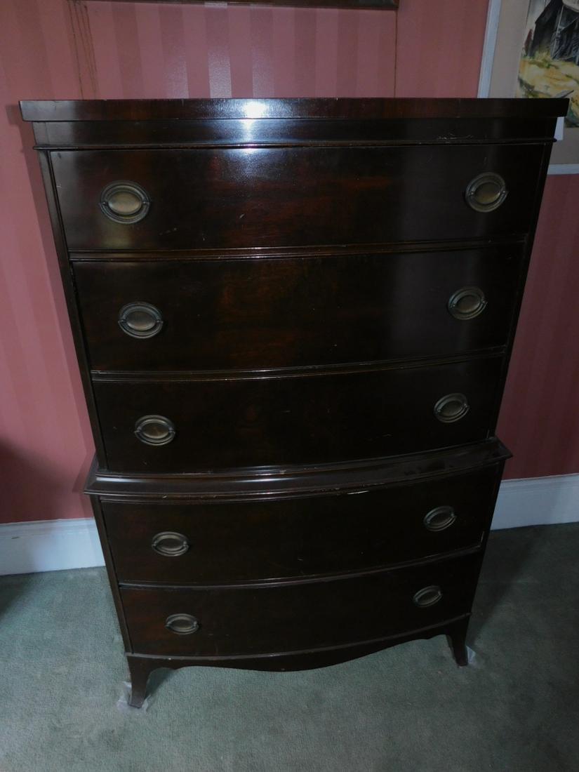 Hepplewhite Style Chest on Chest: Hepplewhite Style Chest on Chest, mahogany, bow front, oval brasses, 18" x 34" x 33". Condition; scratches nicks and veneer losses