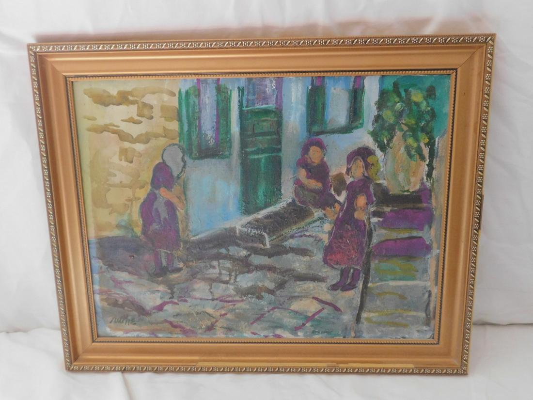 American Expressionist street scene: American Expressionist street scene, oil on canvas, signed lower left, Ruth E.. 12 x 16' image; 15 x 19" framed. Condition; good