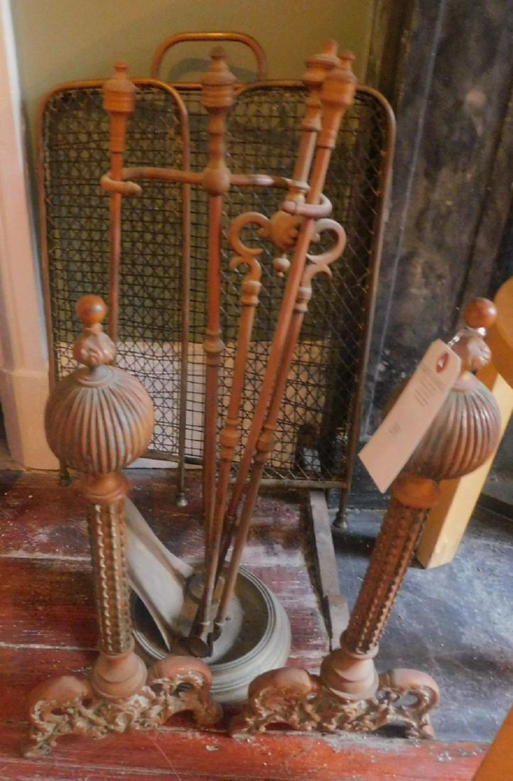 Andirons, tools and screen: Andirons, tools and screen, andirons with finials and reeded ball tops on cast scroll work bases, 3 part folding screen and stand with 3 tools. Condition; good, used
