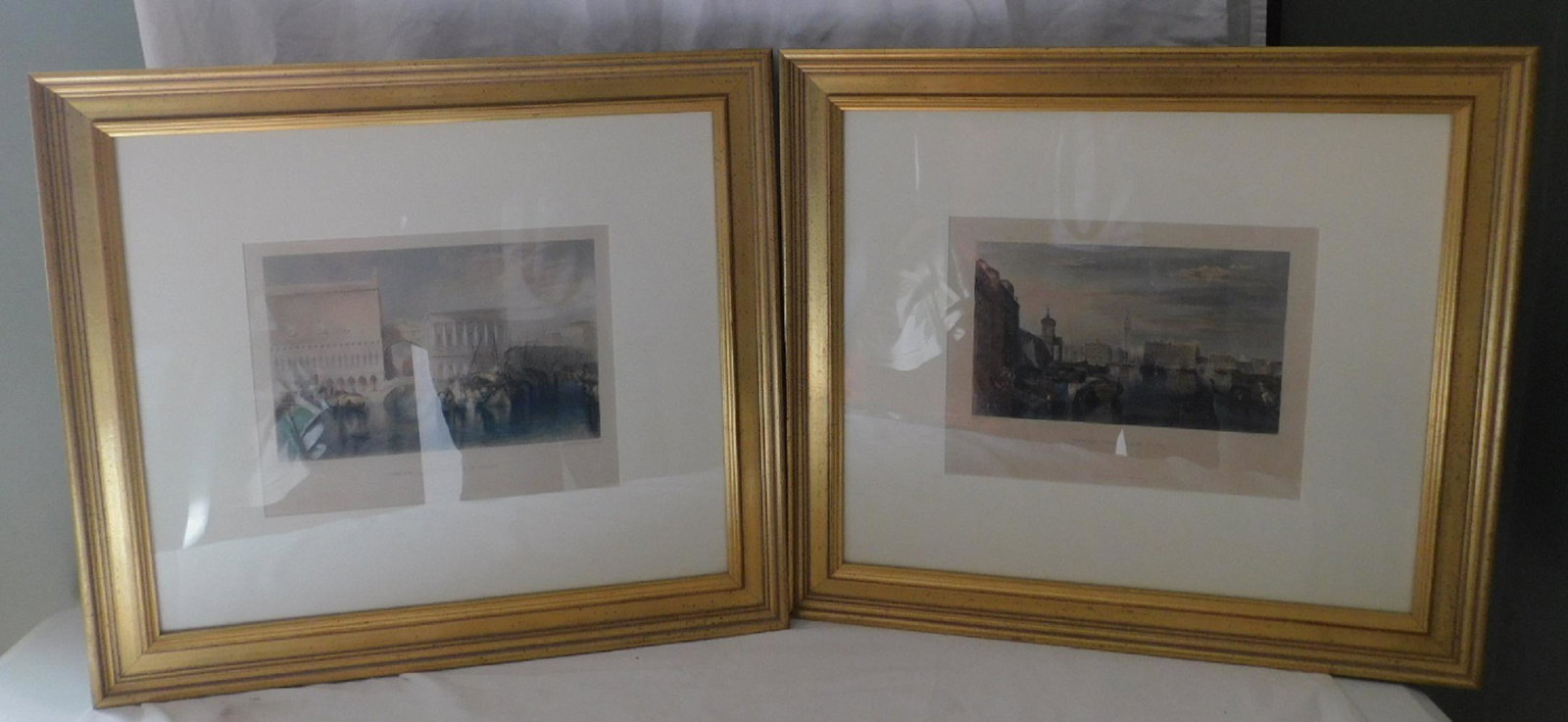 Pair of Venetian Engravings after J.M.W. Turner: Pair of Colored Engravings of Venetian Scenes after J.M.W. Turner, site = 8 3/4 x 11 1/2 in a 19 3/4 x 22 1/2" frame. Condition; no issues