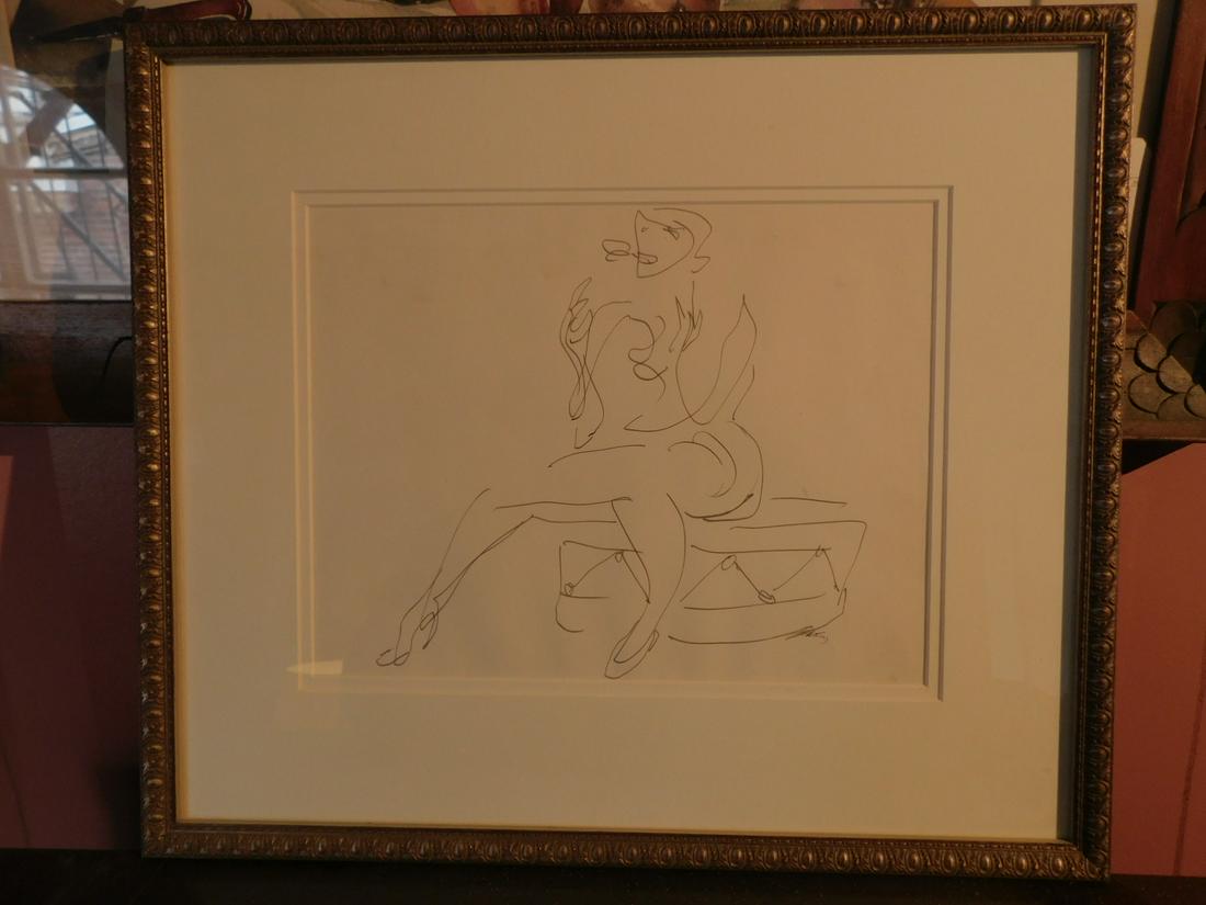 Emlen Etting ink drawing of female: Emlen Etting, Philadelphia Artist, ink drawing, signed lower right, woman seated on drum. 9 x 12" sight; 16 x 18 1/2". Condition; good