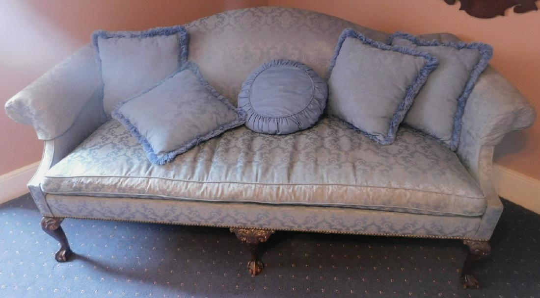 Chippendale Style sofa: Chippendale Style sofa, mahogany with ball and claw feet, pale blue cloth upholstery, down filled seat cushion, early 20th c. 71 1/2" l. Condition; finish losses to feet