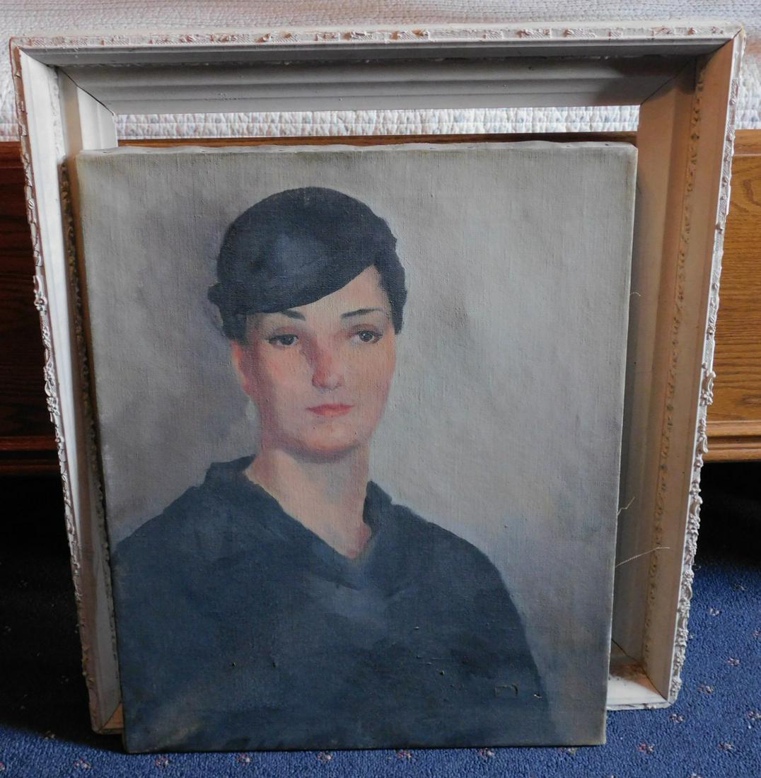 Kirk Merrick Oil on Canvas: Kirk Merrick Oil on Canvas, portrait of Lady, attributed (unsigned), site 19" x 24", white painted frame 24" x 28 1/4". Condition; painting with small hole and rip on lower portion
