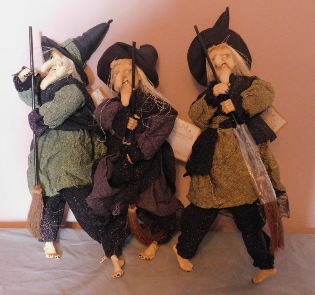 3 Halloween Witch Decorations: 3 Halloween Witch Decorations Sunset Bay Seasonal by Andrea Baskets, composition and cloth, battery operation (makes then cackle), 18" each. Condition; very good