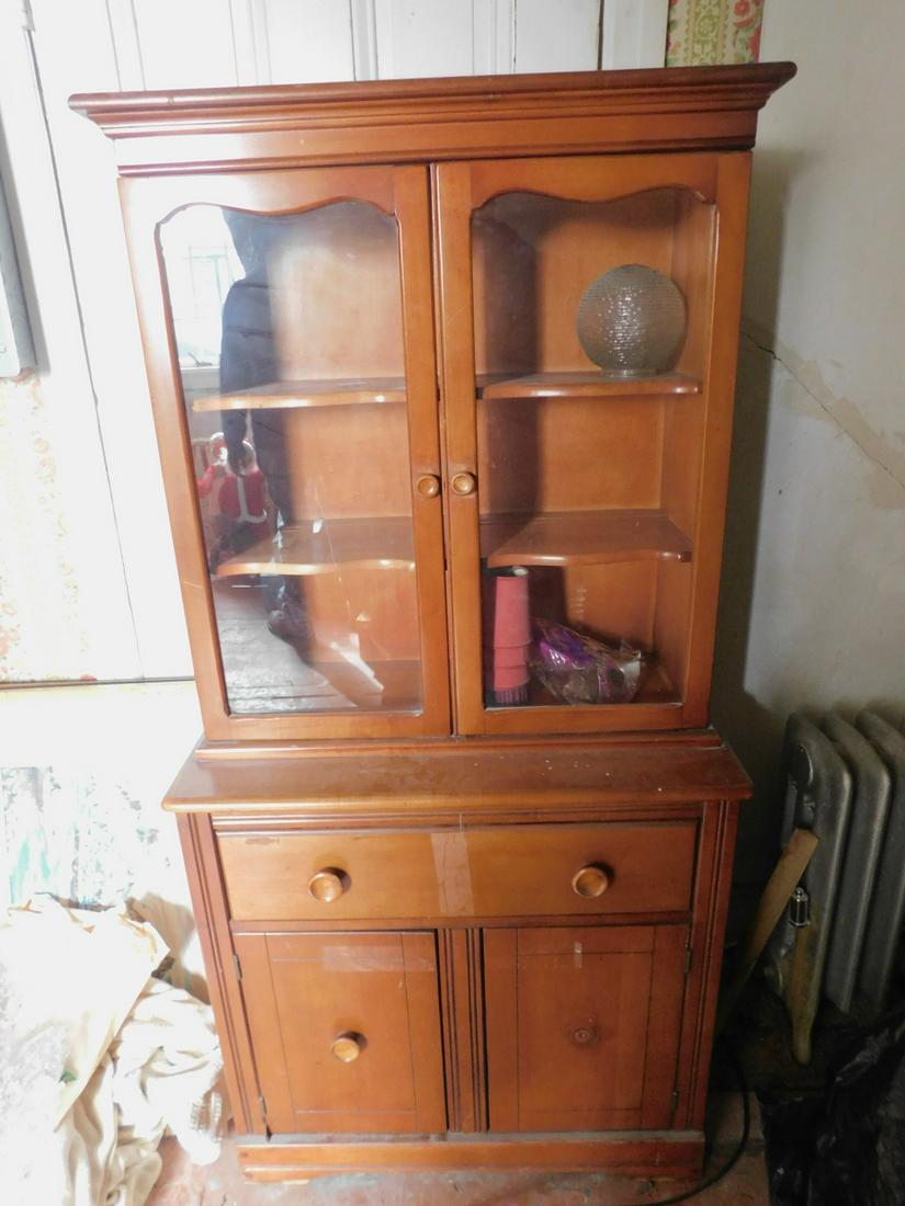 Rock Maple China Cabinet: Rock Maple China Cabinet, two glass door over drawer and two bottom blind doors, circa 1950 32" x 16" x 63 3/4" Condition; good
