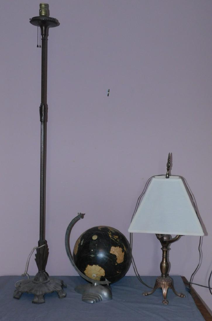2 Lamps and Globe: 2 Lamps and Globe, one Art Deco copper finished three light candelabra lamp with cloth shade and brass and iron floor lamp, no shade, plus airplane form World globe on stand. Condition; used, areas of