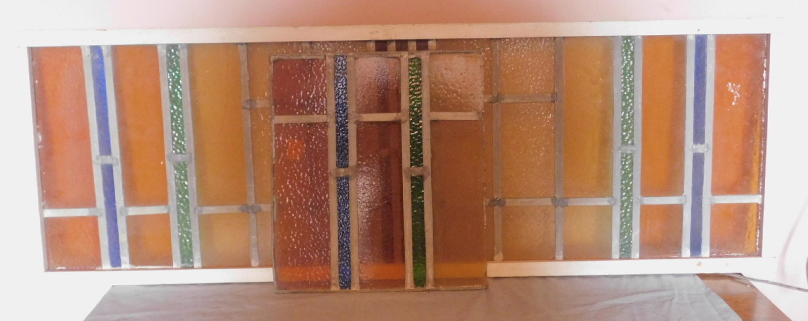 2 Leaded Glass Panels: 2 Leaded Glass Panels, multi colored block form 16 " x 47" and 13" x 14". Condition; very good