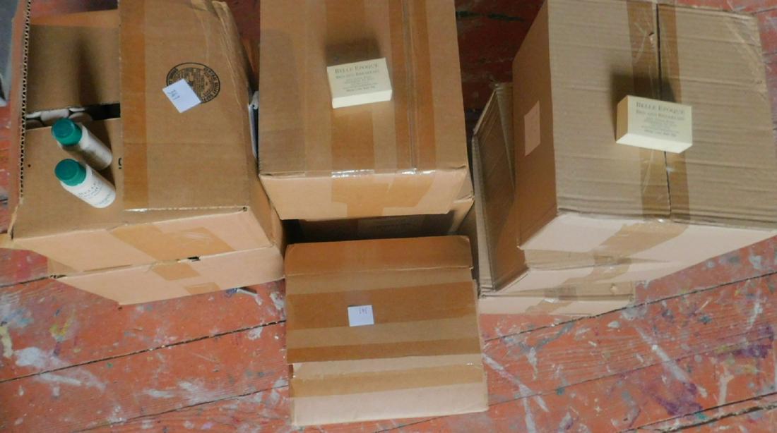 Lot of New Soaps and Shampoos: Lot of New Soaps and Shampoos, for Belle Epoque Bed and Breakfast, three cases of soap and five cases of shampoo. Condition; new in boxes