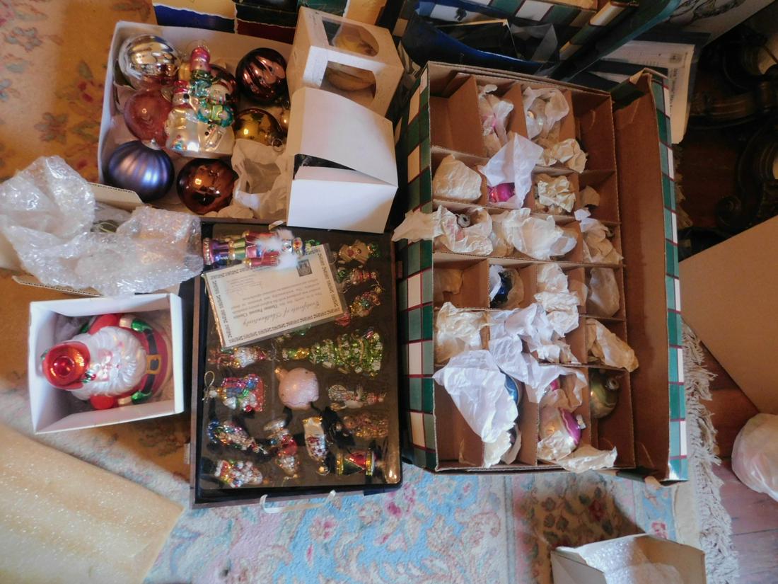 Large Lot Christmas Decorations: Large Lot Christmas Decorations including contemporary glass Kugels, glass figure and ball ornaments, nutcracker, etc. Condition; some may have minor wear, a few may have breaks