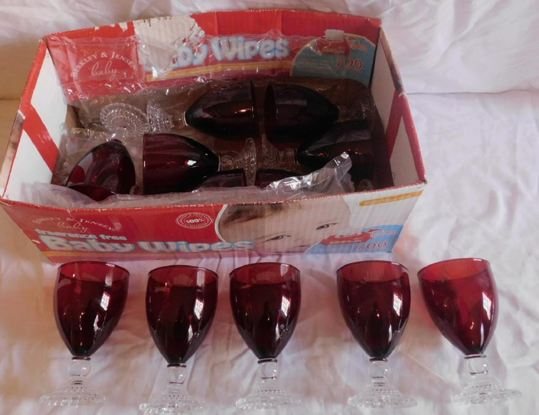 12 Ruby Glass Water Goblets: 12 Ruby Glass Water Goblets, with Candlewick type clear glass stems, 5 1/2" h. each Condition; very good