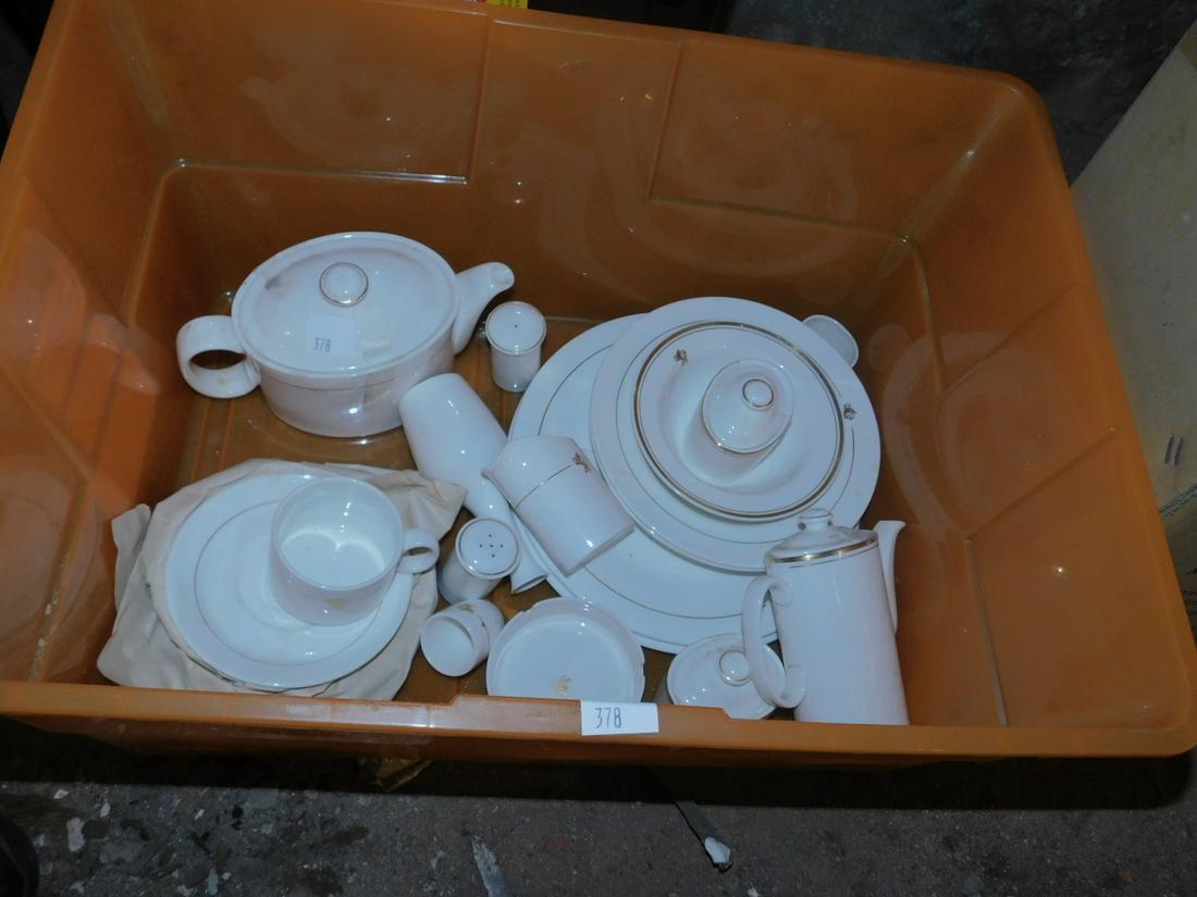 Royal Doulton White Star Porcelain Dinnerware: Royal Doulton White Star Porcelain Dinnerware, white with gilt boarders and lion decoration including; teapot, chocolate pot, sugar and creamer, some plates, salt and pepper. Condition; good