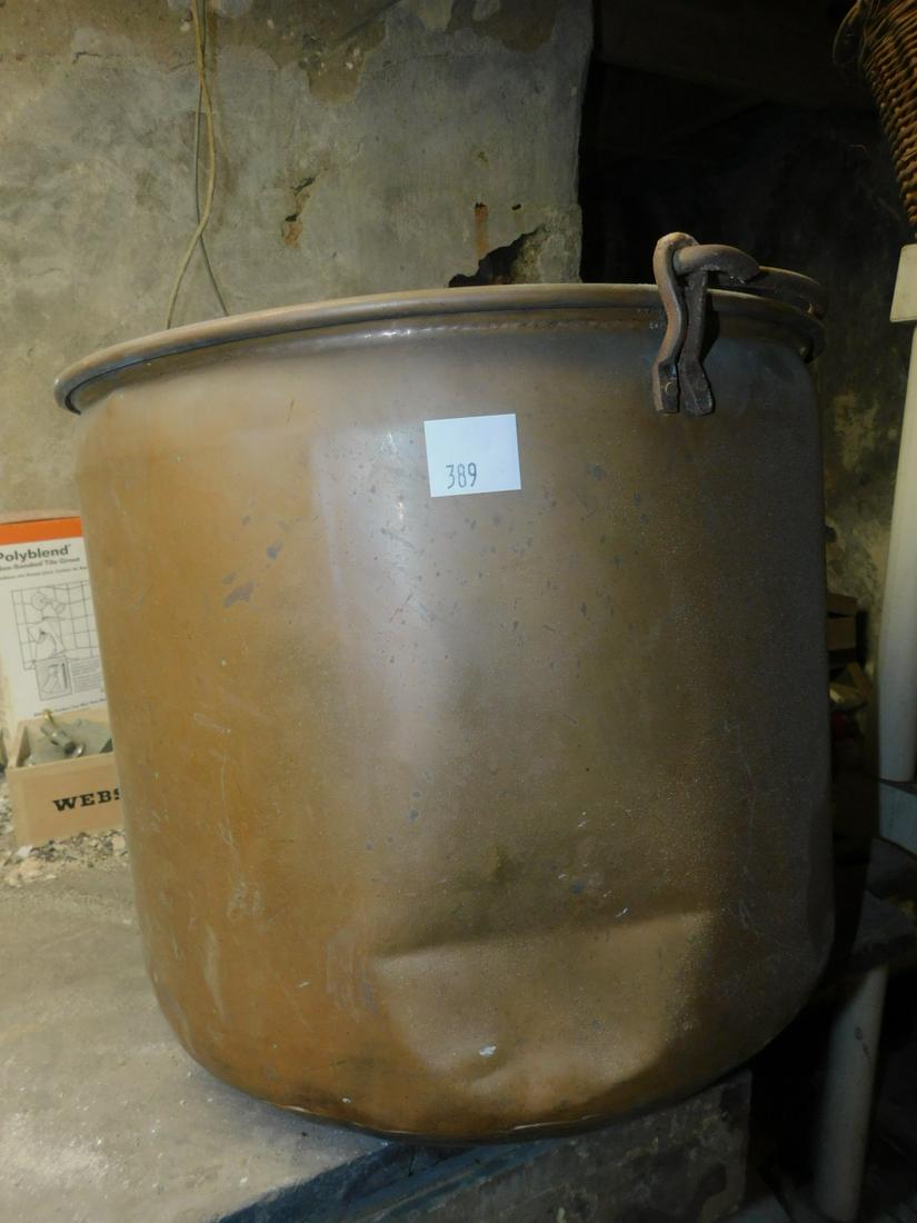 Copper Kettle: Copper Kettle, with wrought iron handle, 13 1/2" h. x 16" diam. Condition; dents and tarnish, rust on handle