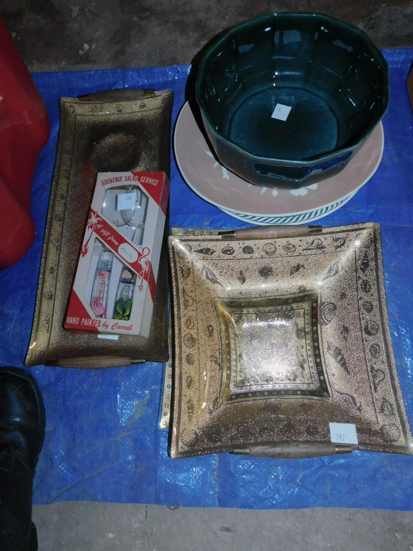 George Briard & other pieces: George Briard & other pieces including; Briard pottery casserole bowl (missing lid) and decorated glass trays, two Hackerware trays, plus Flamingo salad fork and spoon in original box. Condition; good