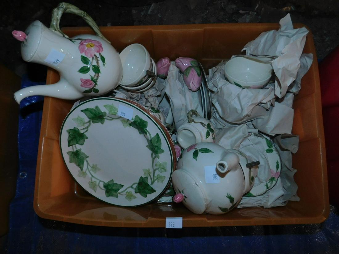 Fransican Pottery Dinnerware: Fransican Pottery Dinnerware including; Dogwood, Apple Blossom and Ivy Patterns, tea pot, coffee pot, dishes, etc. Condition; mostly good, with some minor chips