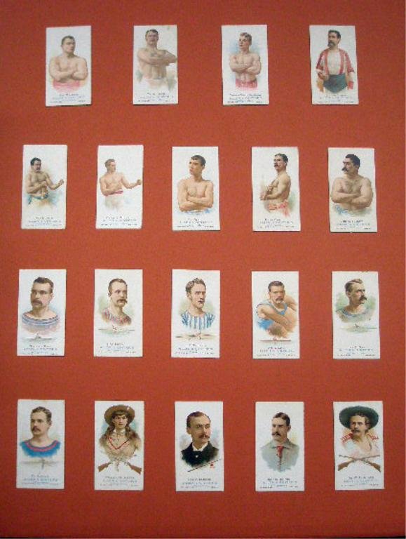 1887 N28 Allen & Ginter Tobacco Cards: Nineteen 1887 N28 Allen & Ginter Tobacco Cards, Mounted On Posterboard, Wm. Moldoon, Theo. Baver, Young Bibby (Geo. Mehling), John McMahon, Jake Kilrain, Charlie Mitchell, Ike Weir, Jimmy Carroll, Joh
