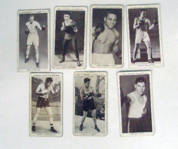 Churchman's Cigarettes Boxing Cards: Seven Churchman's Cigarettes Boxing Personalities Cards, James J. Braddack, Jake Kilrain, Johnny King, John Henry Lewis, Tommy Milligan, Gene Tunney & Billy Wells