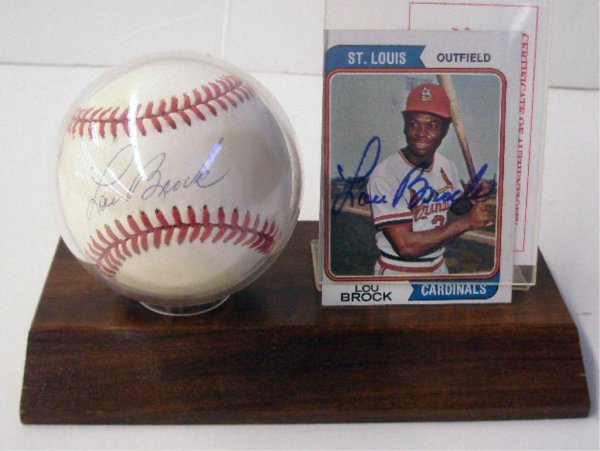 Lou Brock Signed Ball & Card Display: Lou Brock Signed Official National League Ball (Bart Giamatti President) & 1974 Topps Baseball Card Display, w/Certificate of Authenticity From Ken Stein Autograph Avenue