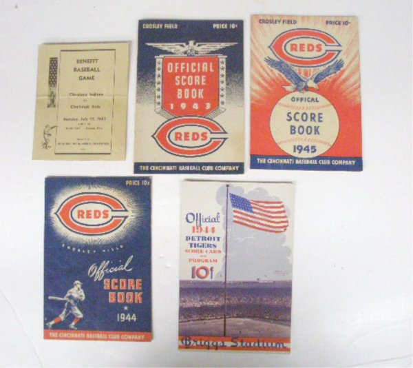 1940's Baseball Score Cards: 1940's Cincinnati Reds Score Cards, Monday, July 19, 1943 vs. Cleveland Indians, 1943 vs. Philadelphia Phillies, 1944 vs. New York Giants, 1945 vs. Chicago Cubs & 1944 Detroit Tigers vs. Cleveland Ind