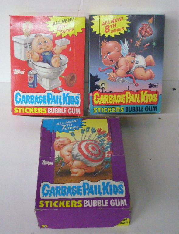 Garbage Pail Kids Unopened Wax Boxes: 1986 (6th Series) & 1987 (7th Series) Topps Garbage Pail Kids Unopened Wax Pack Boxes & 1988 (Series 8) Wax Box w/15 Unopened Packs