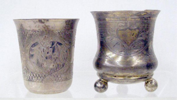 Russian Silver Cup & Toothpick Holder: Late 19th c. Russian silver hallmarked 2 1/2" cup & 2 3/4" toothpick holder w/chaised floral design, 3.98 oz