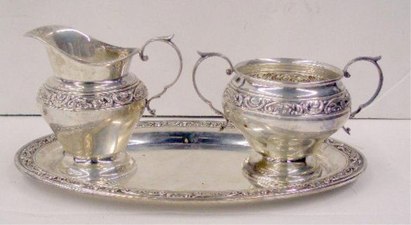 Gorham Sterling Silver Creamer & Sugar Set: Three piece Gorham sterling silver creamer & sugar set, 4" creamer, 3" sugar & 9 1/2" tray, 12.73 oz