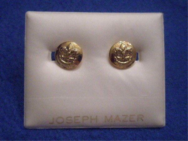 Joseph Mazer Boy Scout Cufflinks: Joseph Mazer Boy Scout cufflinks, goldtone, round w/BSA seal & "Be Prepared" in original holder