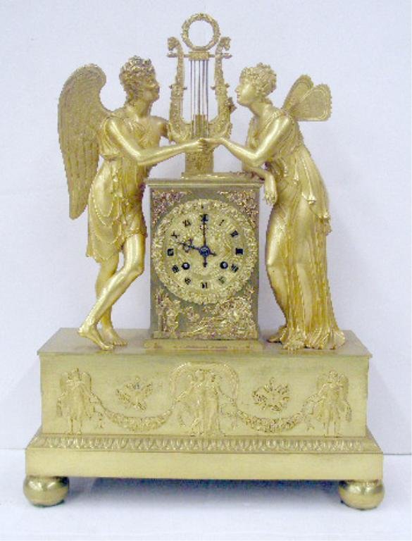 19th c. French Dore Bronze Figural Mantel Clock: 19th c. French Dore bronze 18 1/2" x 13 1/2" x 5" Neo Classical figural mantel clock w/time & strike movement