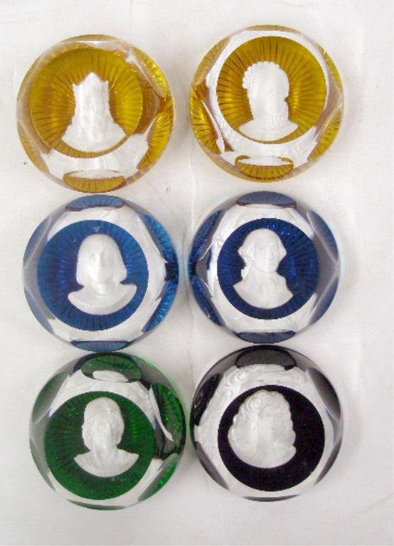 Baccarat Sulfide Paperweights: Six Baccarat (Franklin Mint) faceted crystal sulfide 3" paperweights, Queen Elizabeth, Charlemagne, Joan of Arc, George Washington, Louis XIV & Alexander The Great