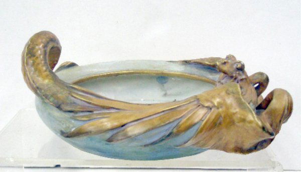 Amphora Pottery Center Bowl: Amphora pottery 9 3/4" center bowl #4100, light blue glaze w/surrounding applied gold hand painted winged dragon [68]